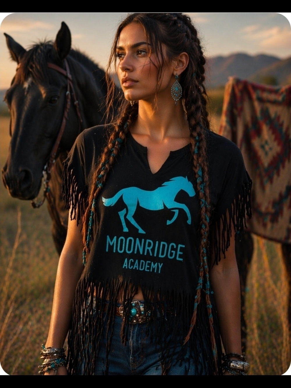 4/$15 Moon ridge Academy Black Fringe T-Shirt Graphic Tee Size S Women's Western